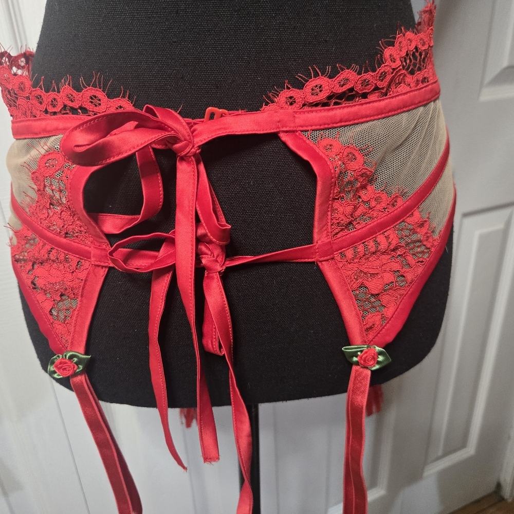 For Love and Lemons Red Lace Roses Garter Lingerie Sexy Valentine's Large Y2K - Picture 4 of 7